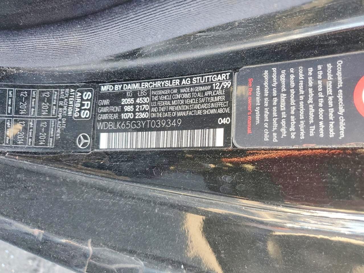 2000 Mercedes-Benz Clk-class VIN WDBLK65G3YT039349 photo 12