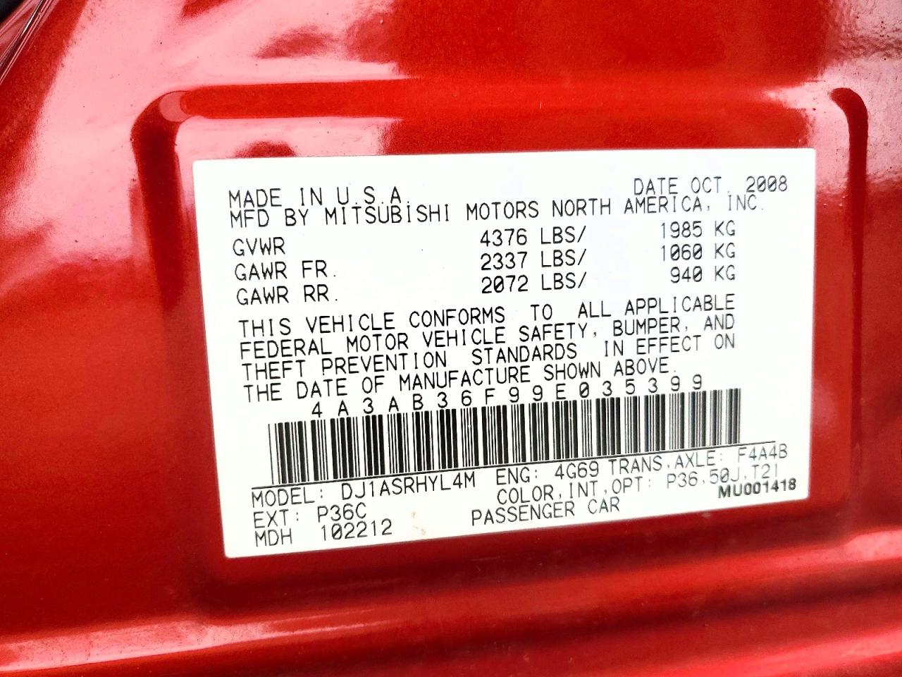 2009 Mitsubishi Galant VIN 4A3AB36F99E035399 photo 12