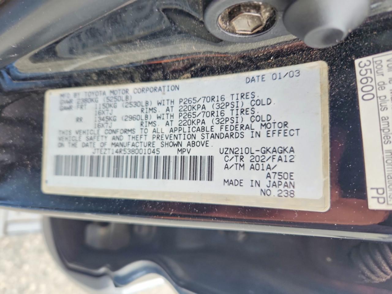 2003 Toyota 4runner VIN JTEZT14R538001045 photo 12