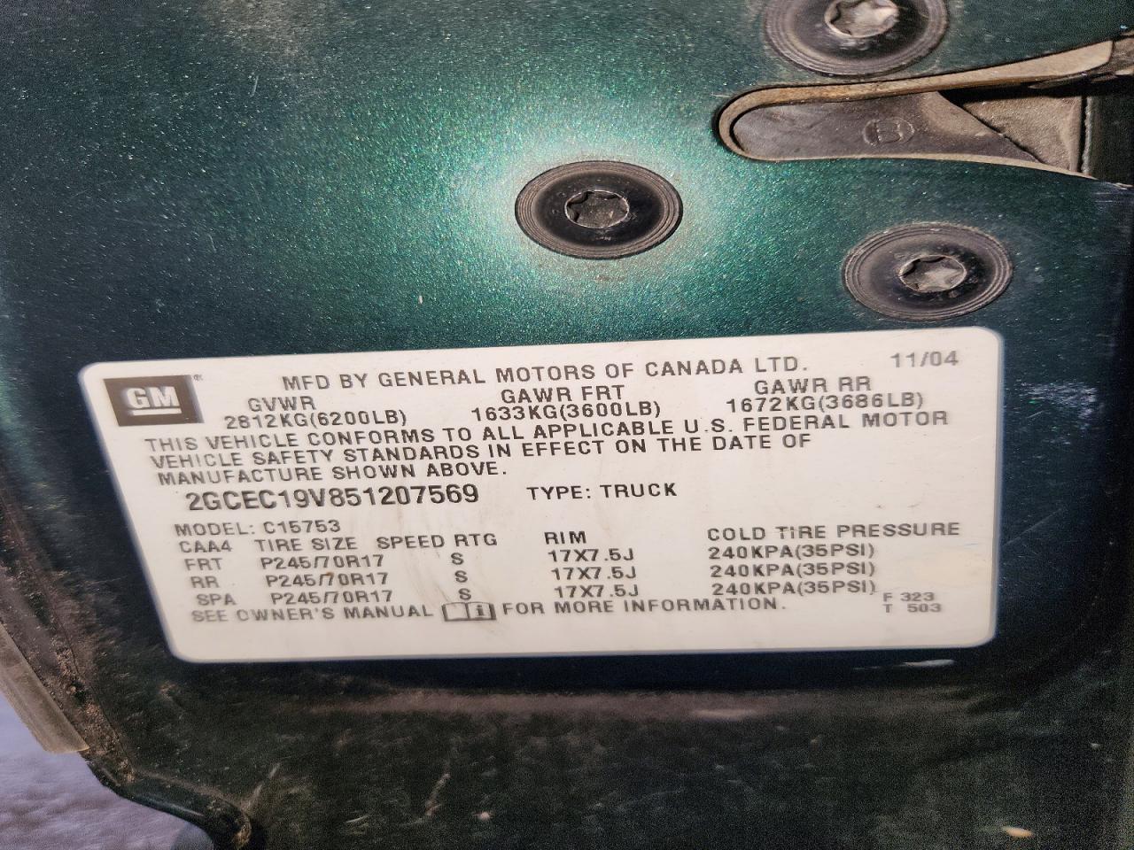 2005 Chevrolet All models VIN 2GCEC19V851207569 photo 12