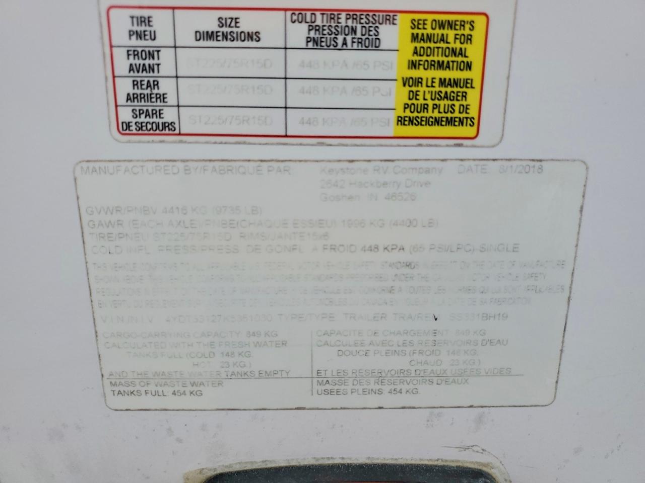 2019 KEYSTONE Trailer VIN 4YDT33127K5351030 photo 10