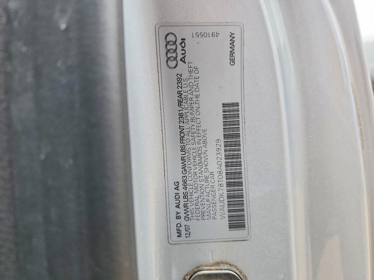 2008 AUDI A5 VIN WAUDK78T08A023929 photo 12