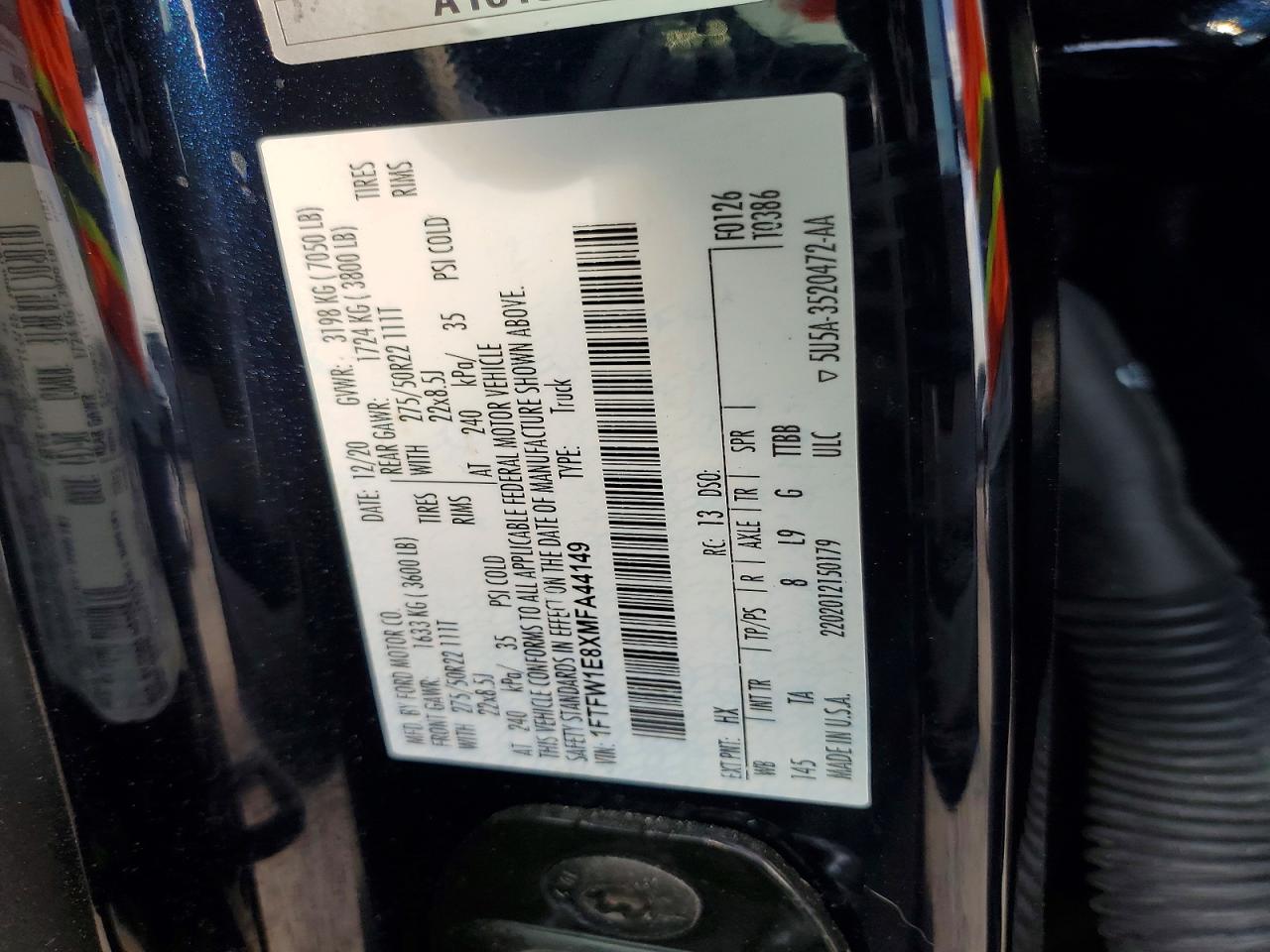 2021 Ford F150 VIN 1FTFW1E8XMFA44149 photo 12