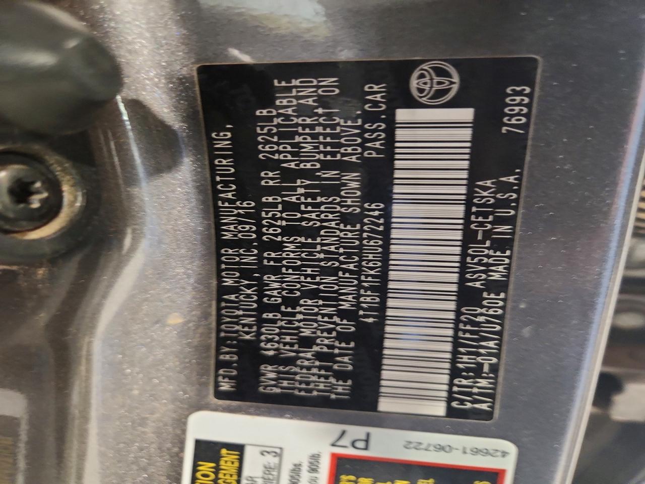 2017 TOYT Camry VIN 4T1BF1FK6HU672246 photo 12