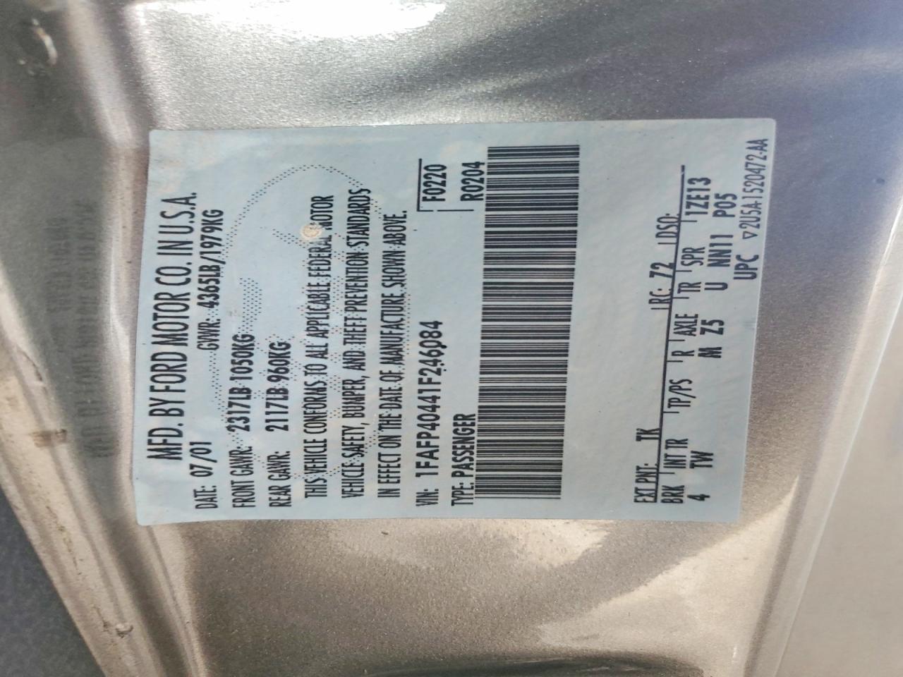 2001 Ford Mustang VIN 1FAFP40441F246084 photo 12