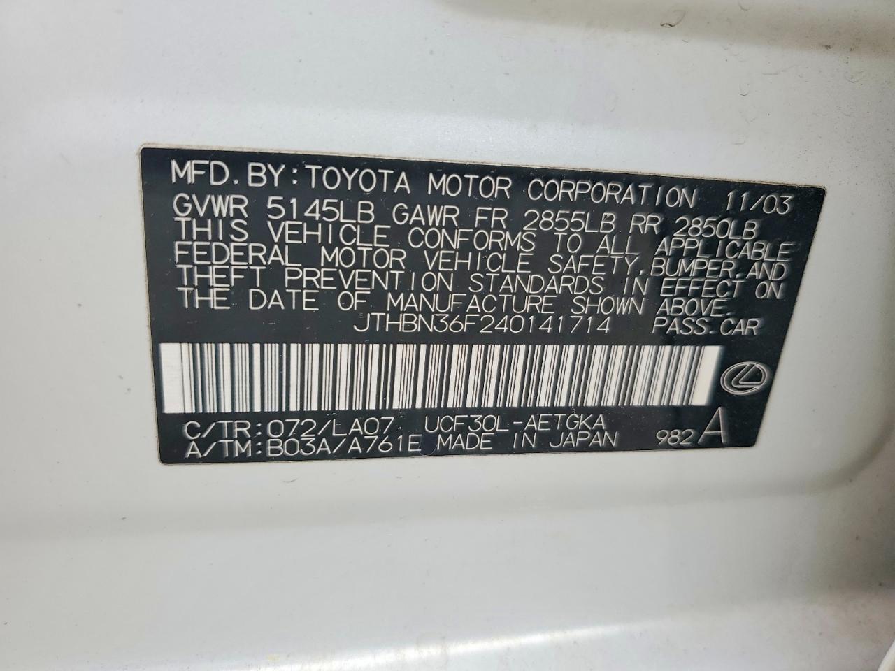 2004 Lexus Ls500 VIN JTHBN36F240141714 photo 12