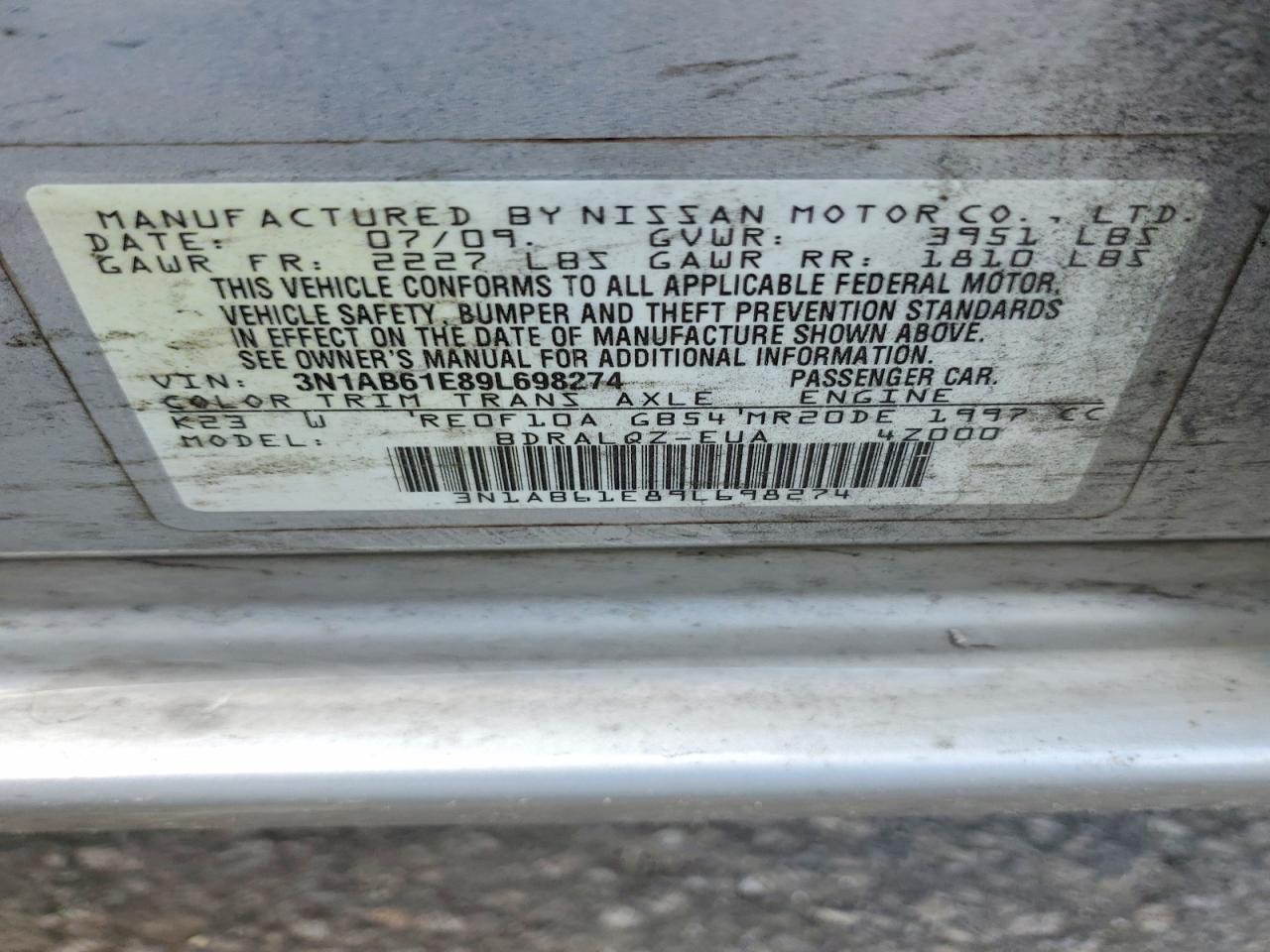 2009 NISS Sentra VIN 3N1AB61E89L698274 photo 12
