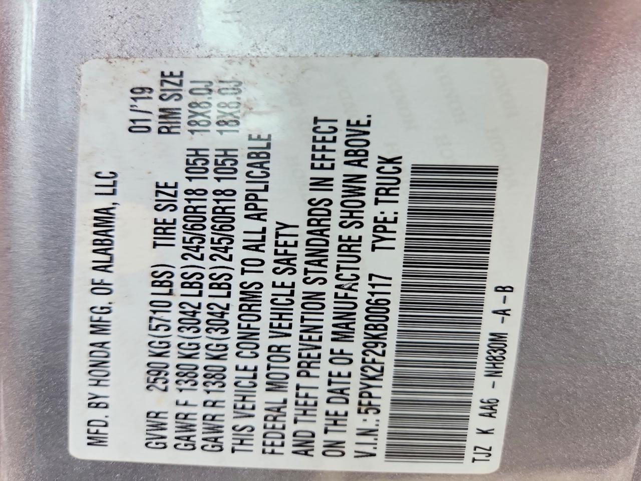 2019 Honda Ridgeline VIN 5FPYK2F29KB006117 photo 12