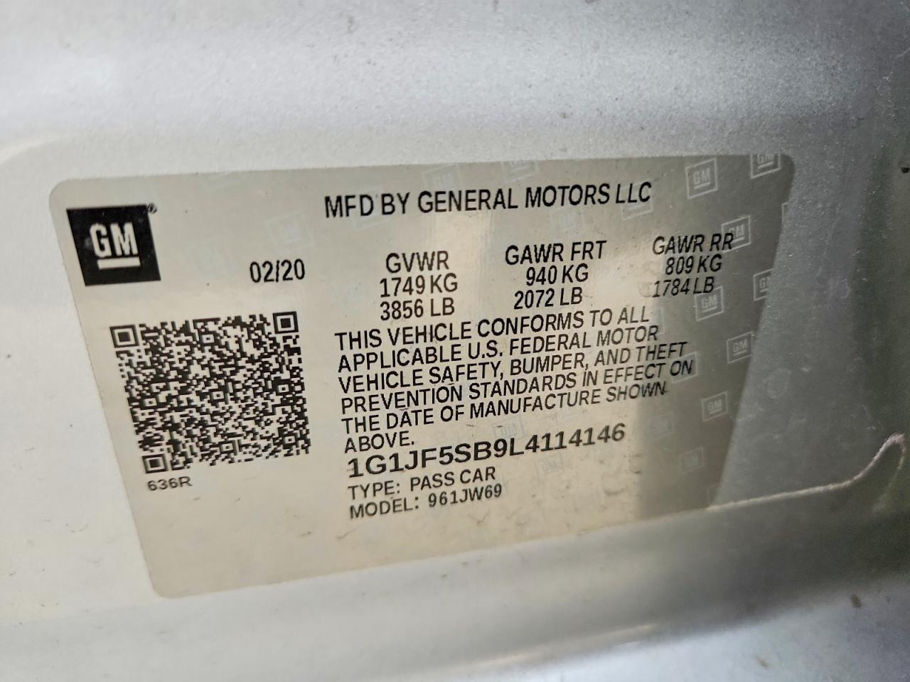 2020 Chevrolet SONIC VIN 1G1JF5SB9L4114146 photo 12