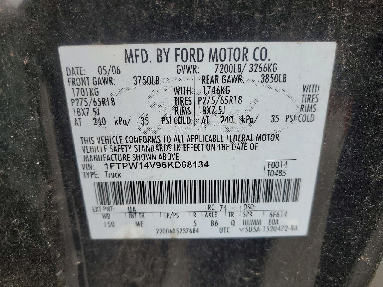 2006 Ford F150 VIN 1FTPW14V96KD68134 photo 12