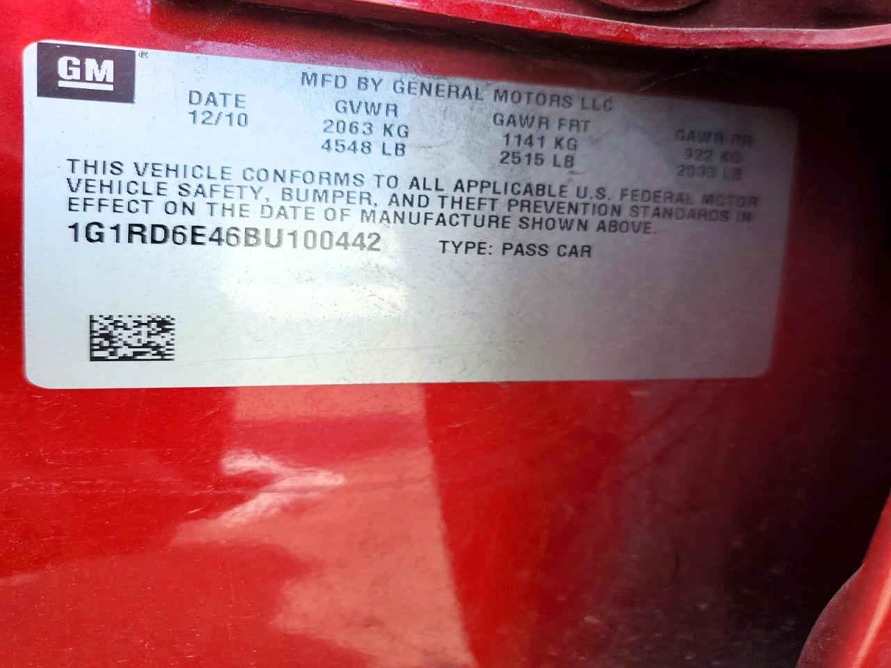 2011 CHEV Volt VIN 1G1RD6E46BU100442 photo 12