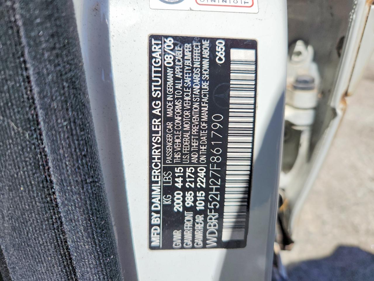 2007 Mercedes-Benz C class VIN WDBRF52H27F861790 photo 12
