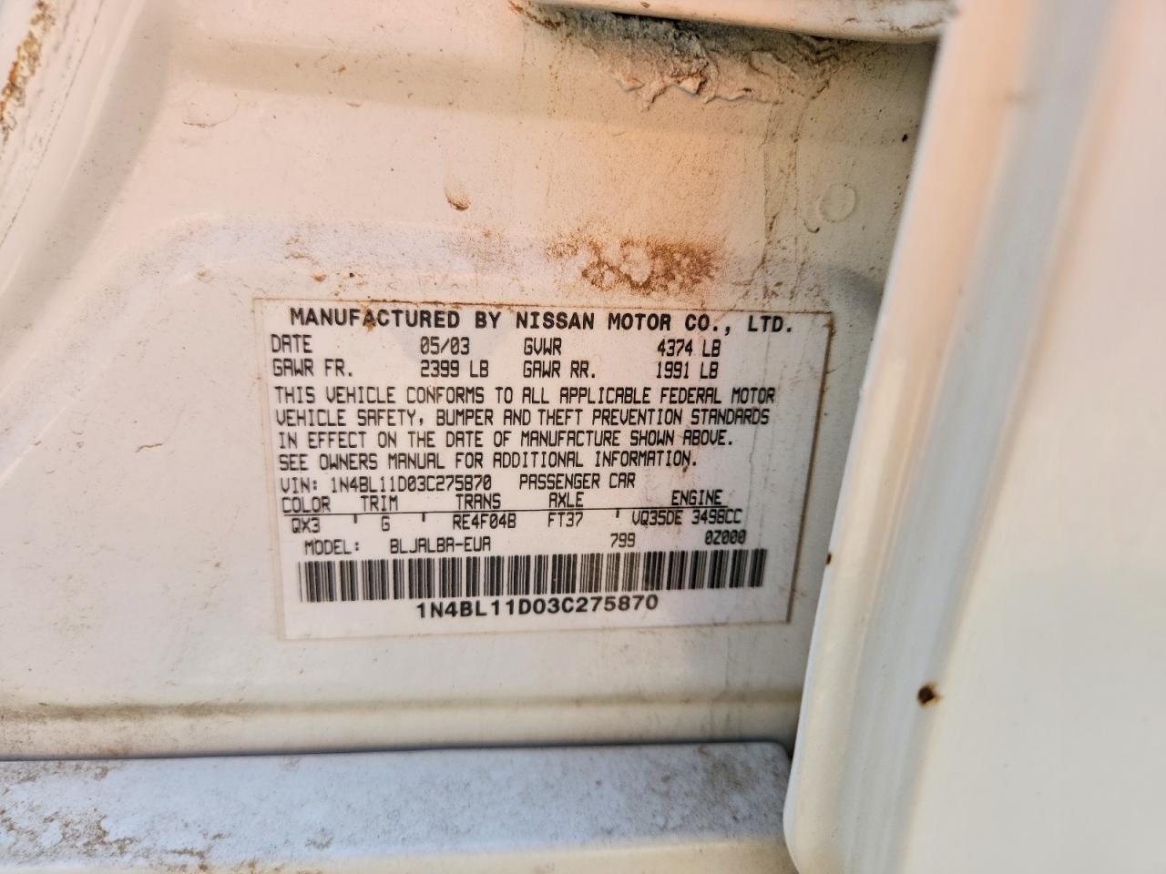 2003 Nissan Altima VIN 1N4BL11D03C275870 photo 12