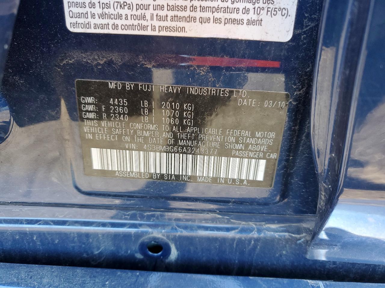2010 Subaru LEGACY VIN 4S3BMBG66A3243377 photo 12