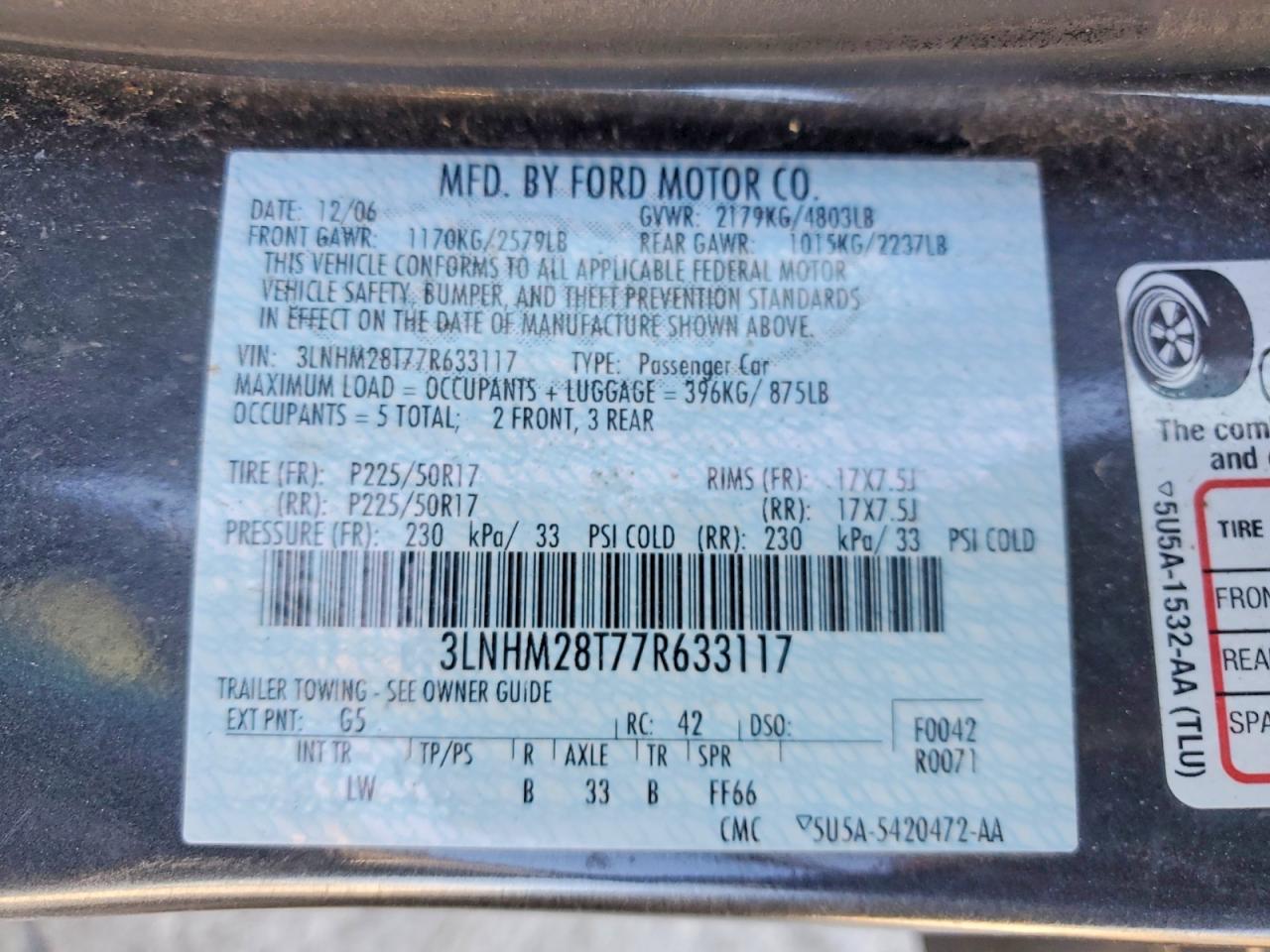 2007 LINCOLN Mkz VIN 3LNHM28T77R633117 photo 12