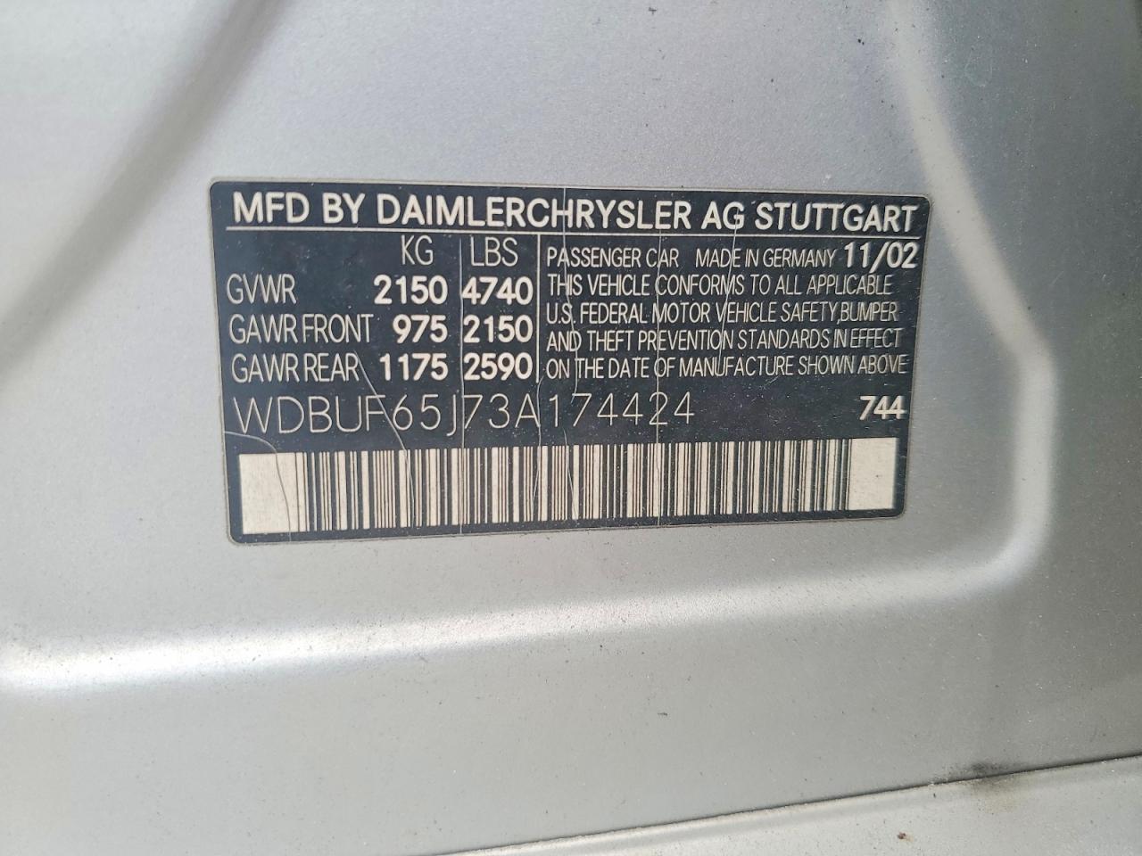 2003 MERCEDES-BENZ E-class VIN WDBUF65J73A174424 photo 12