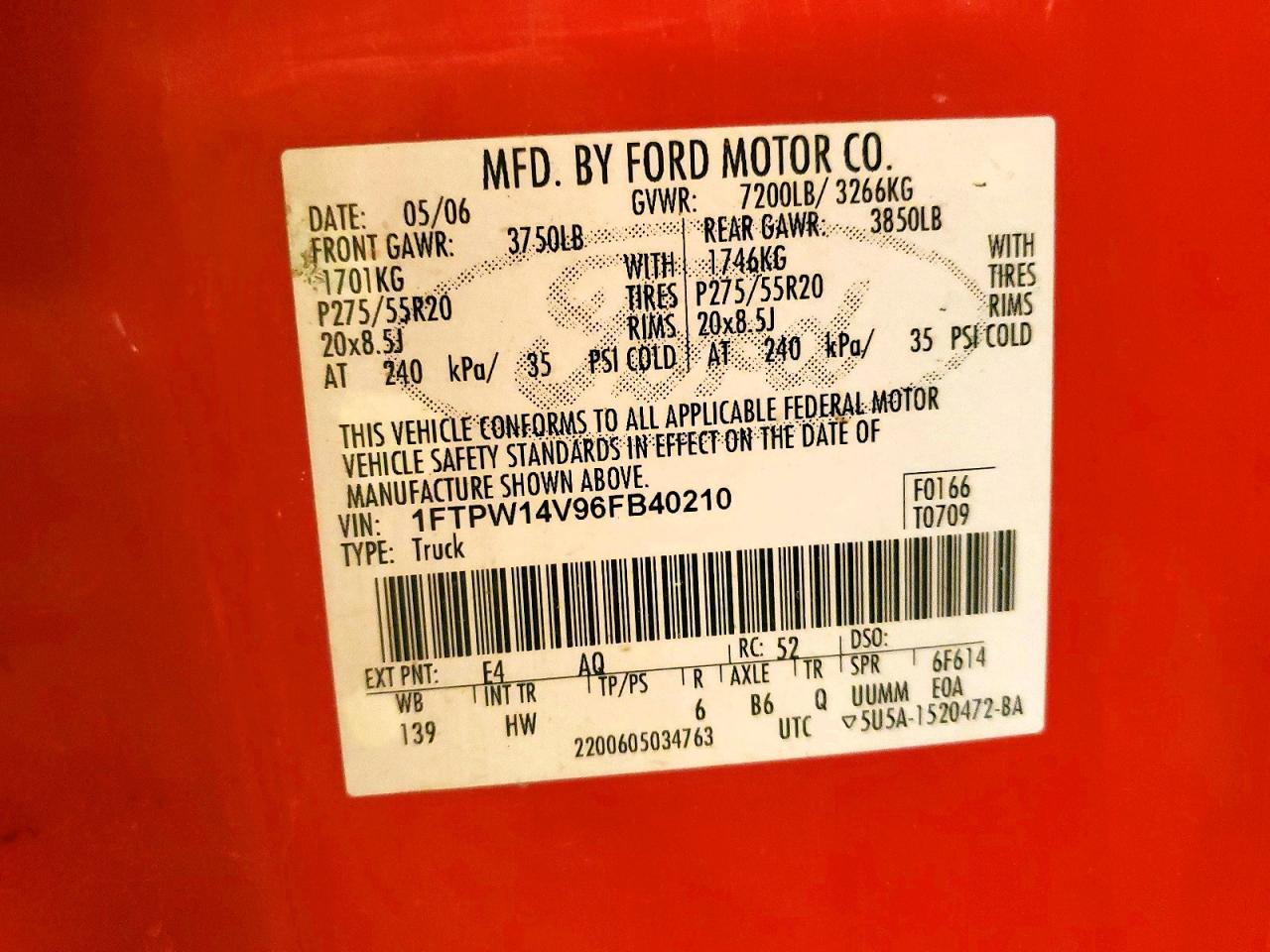2006 Ford F150 VIN 1FTPW14V96FB40210 photo 12