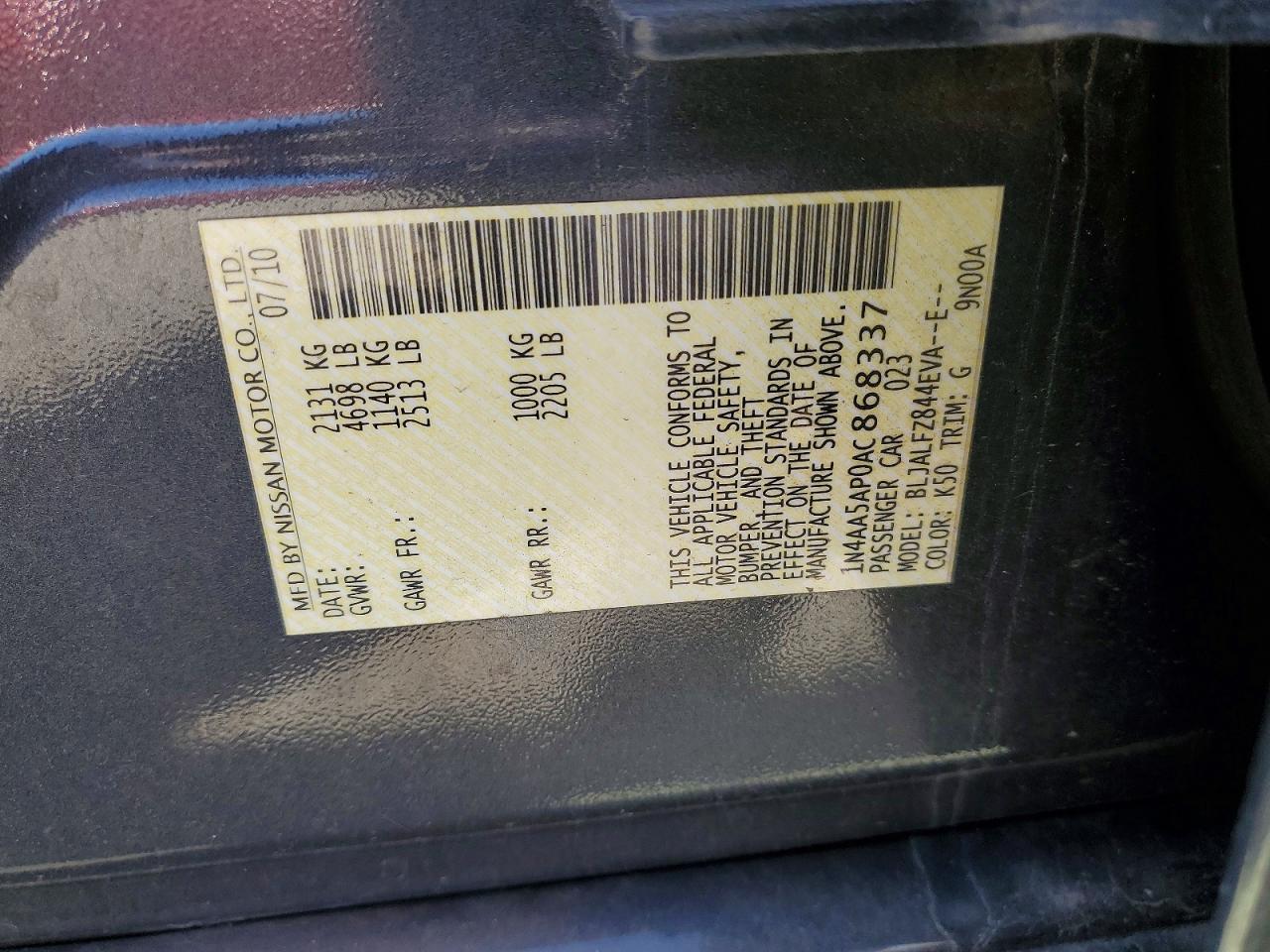 2010 Nissan Maxima VIN 1N4AA5AP0AC868337 photo 12