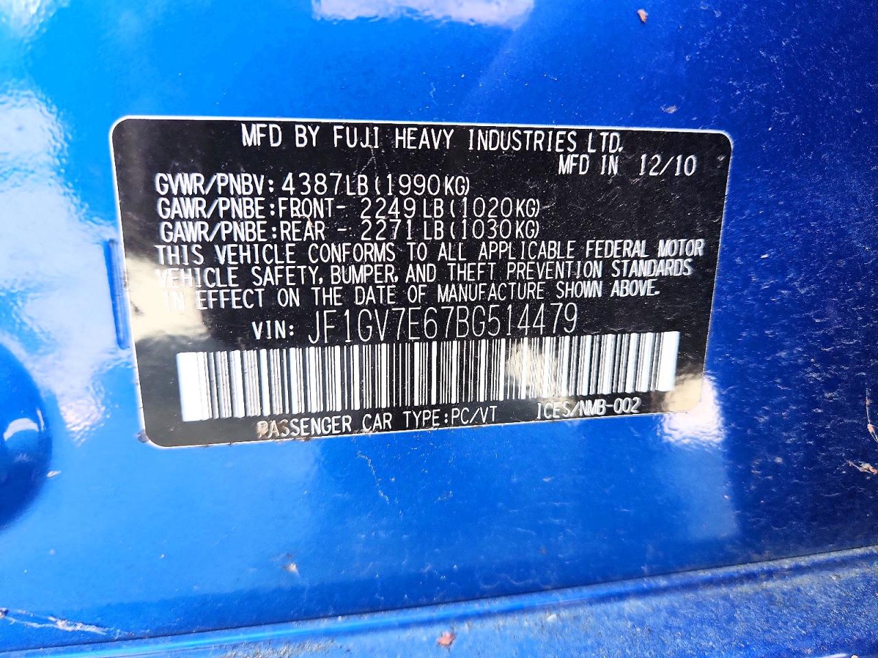 2011 Subaru Wrx VIN JF1GV7E67BG514479 photo 12