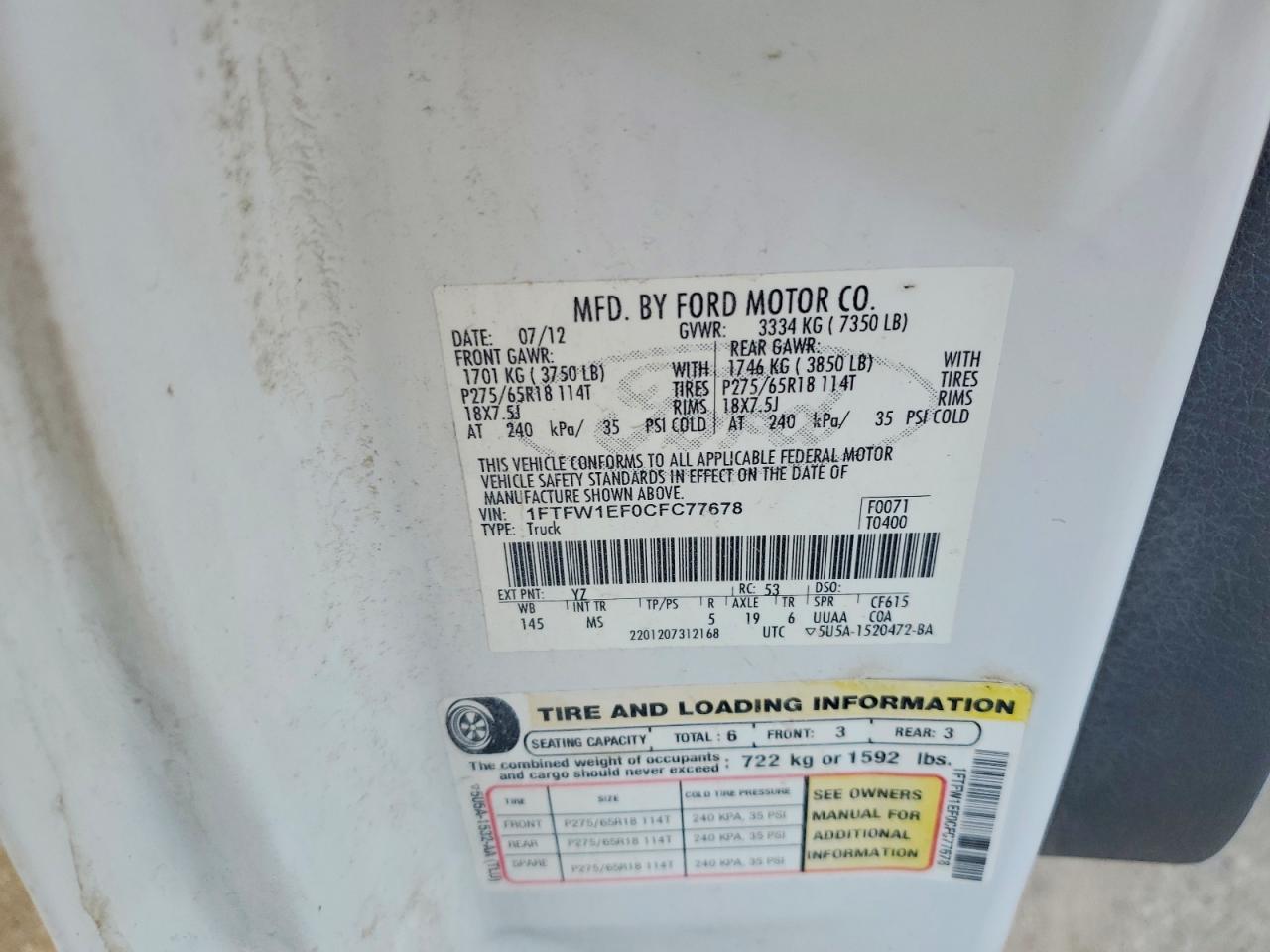2012 Ford F150 VIN 1FTFW1EF0CFC77678 photo 12