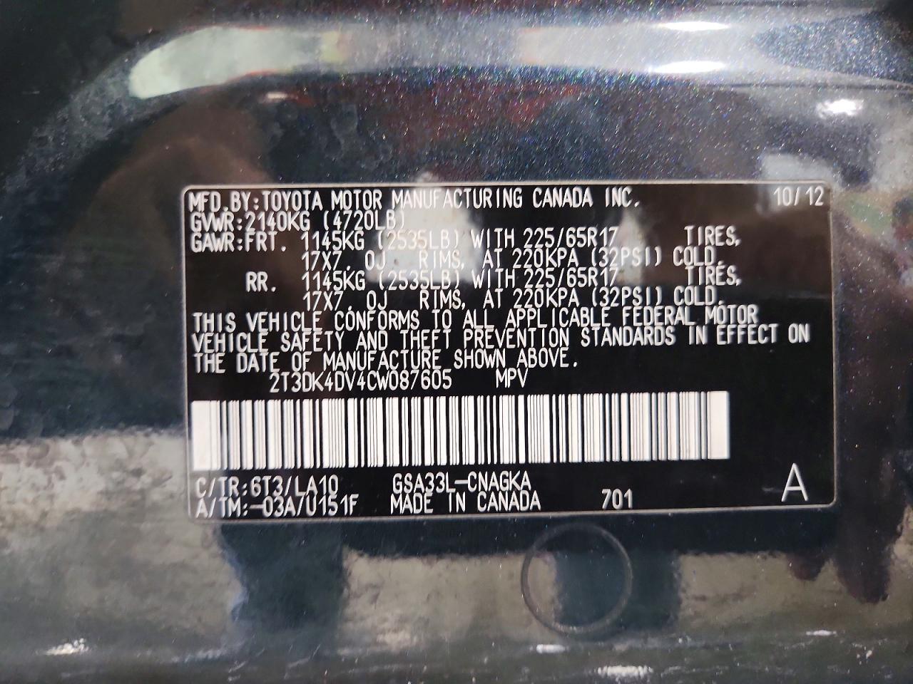 2012 Toyota Rav4 VIN 2T3DK4DV4CW087605 photo 12