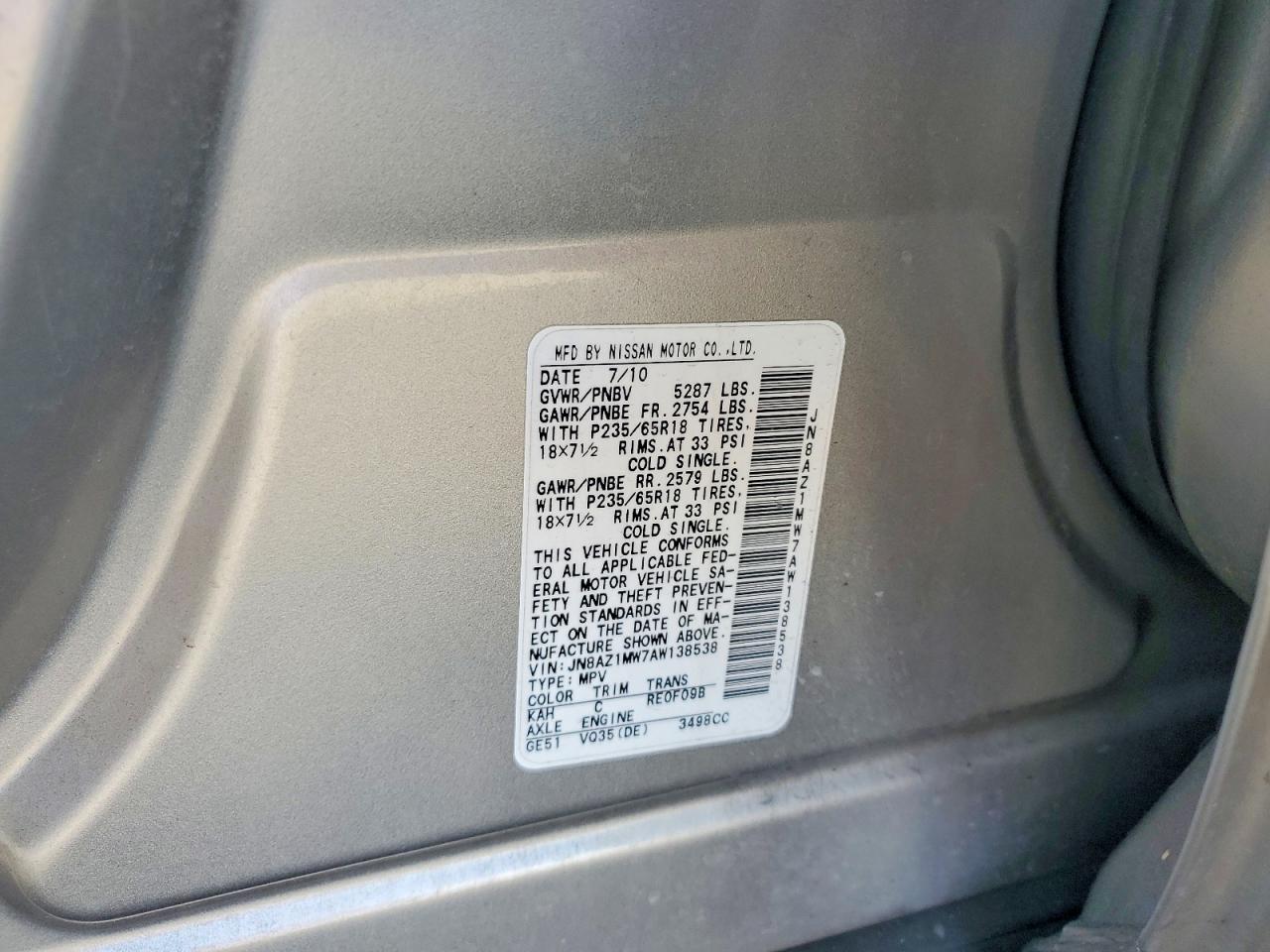2010 NISSAN Murano VIN JN8AZ1MW7AW138538 photo 12