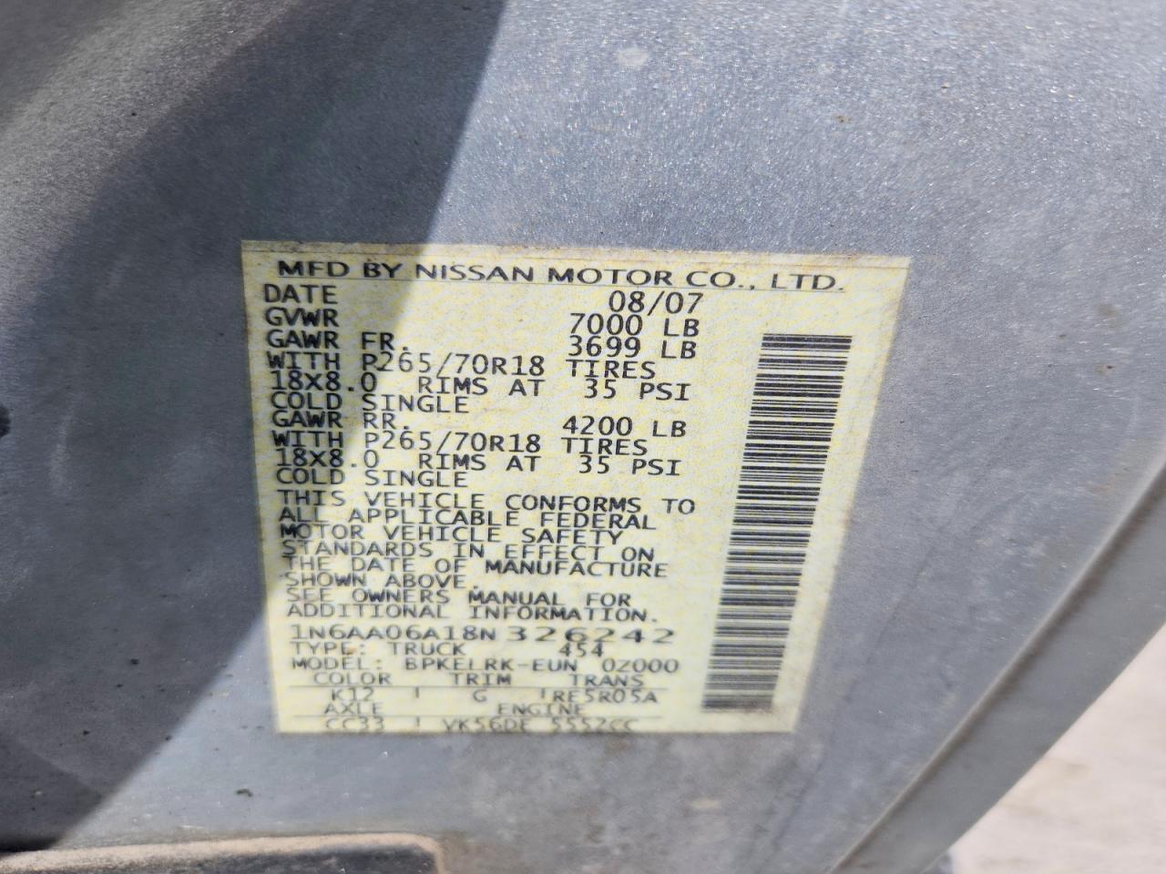 2008 Nissan TITAN VIN 1N6AA06A18N326242 photo 12