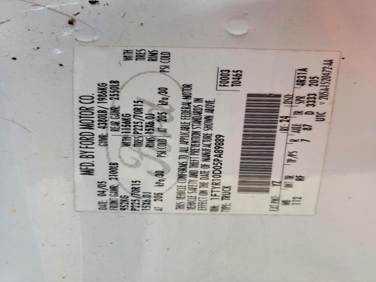 2005 Ford Ranger VIN 1FTYR10D05PA89889 photo 12