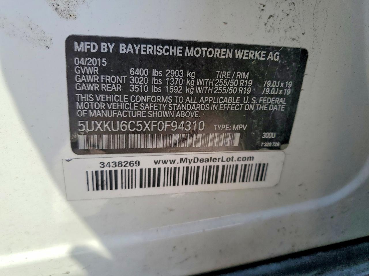 2015 BMW X6 VIN 5UXKU6C5XF0F94310 photo 12