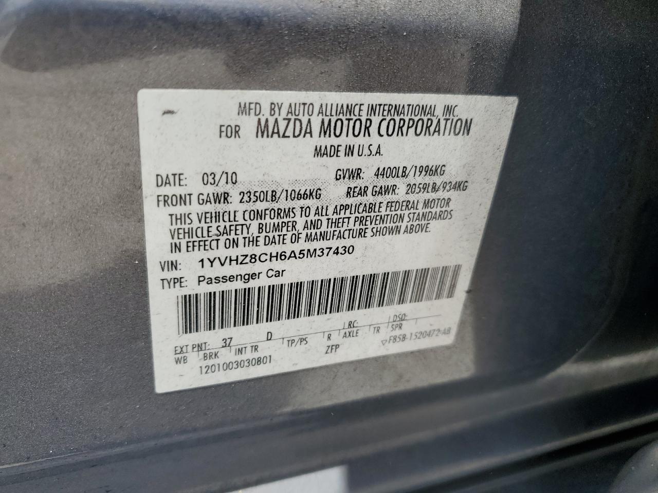 2010 Mazda 6 VIN 1YVHZ8CH6A5M37430 photo 12