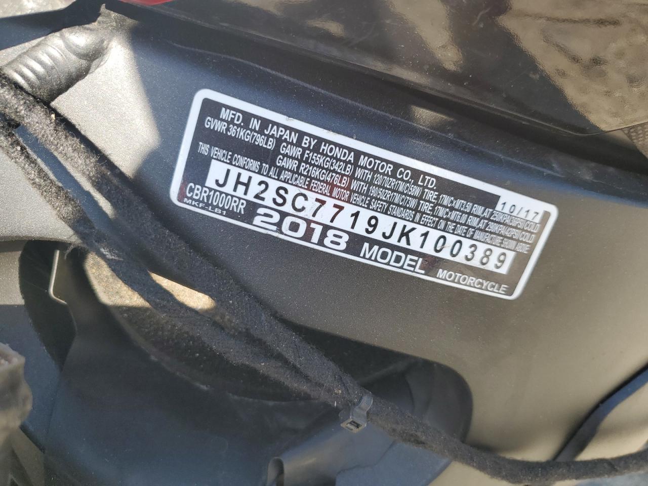 2018 HONDA Cbr cycle VIN JH2SC7719JK100389 photo 8