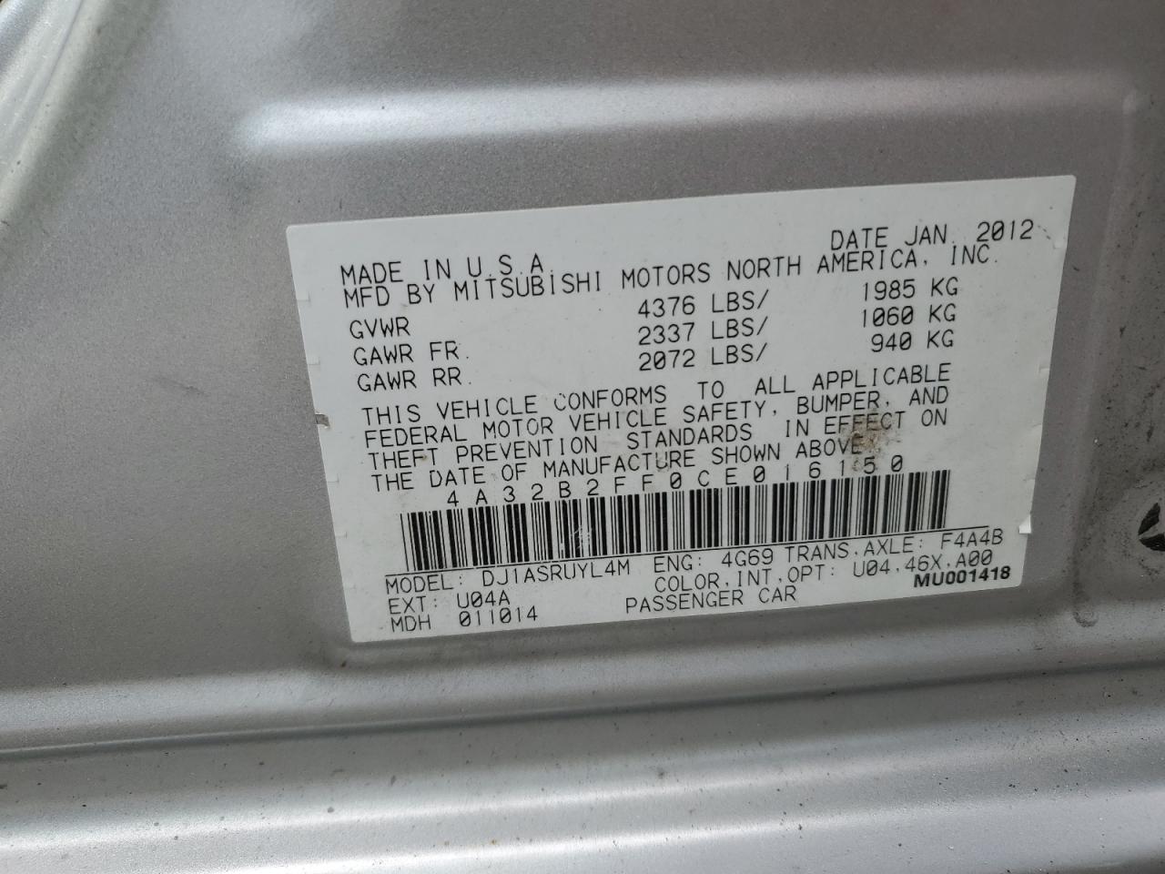 2012 MITSUBISHI Galant VIN 4A32B2FF0CE016150 photo 12