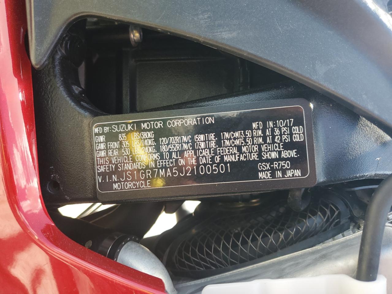 2018 SUZUKI Gsxr750 VIN JS1GR7MA5J2100501 photo 9