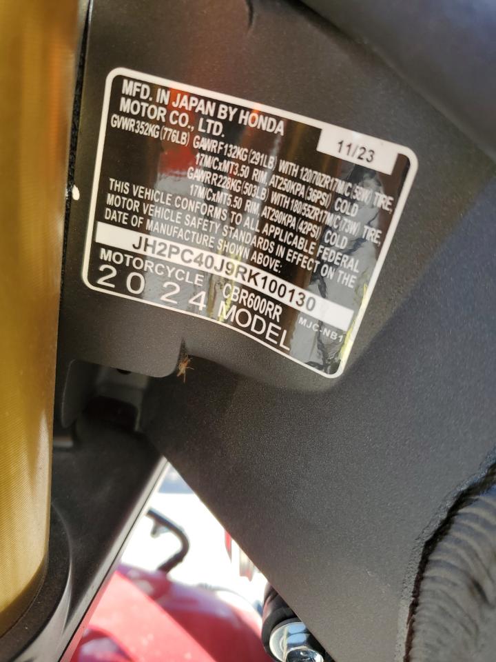 2024 HONDA Cbr cycle VIN JH2PC40J9RK100130 photo 9