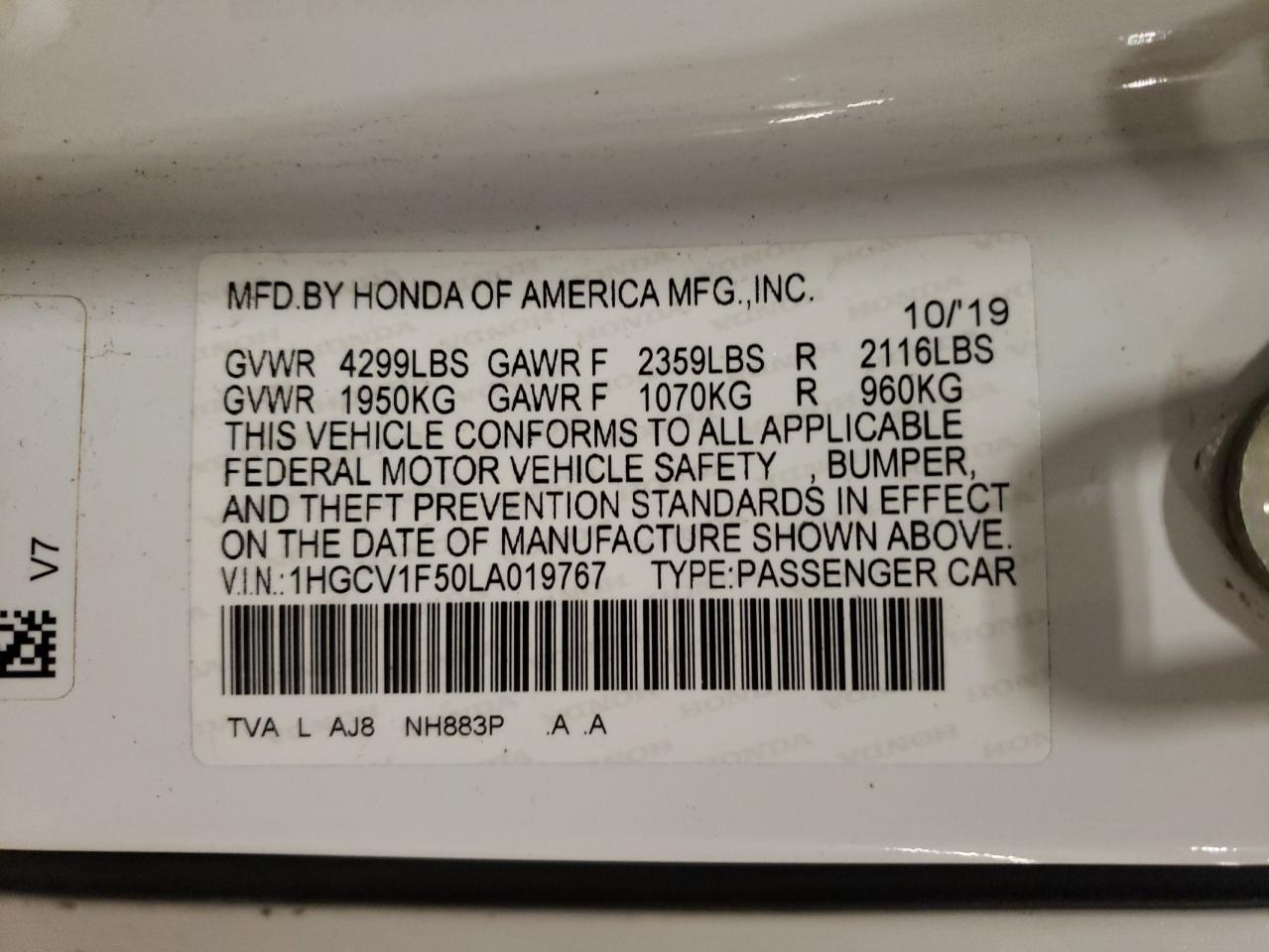 2020 HONDA Accord VIN 1HGCV1F50LA019767 photo 12