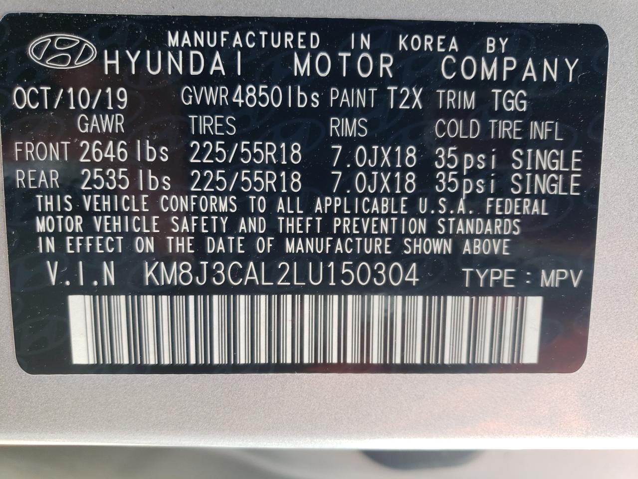 2020 HYUNDAI Tucson VIN KM8J3CAL2LU150304 photo 12
