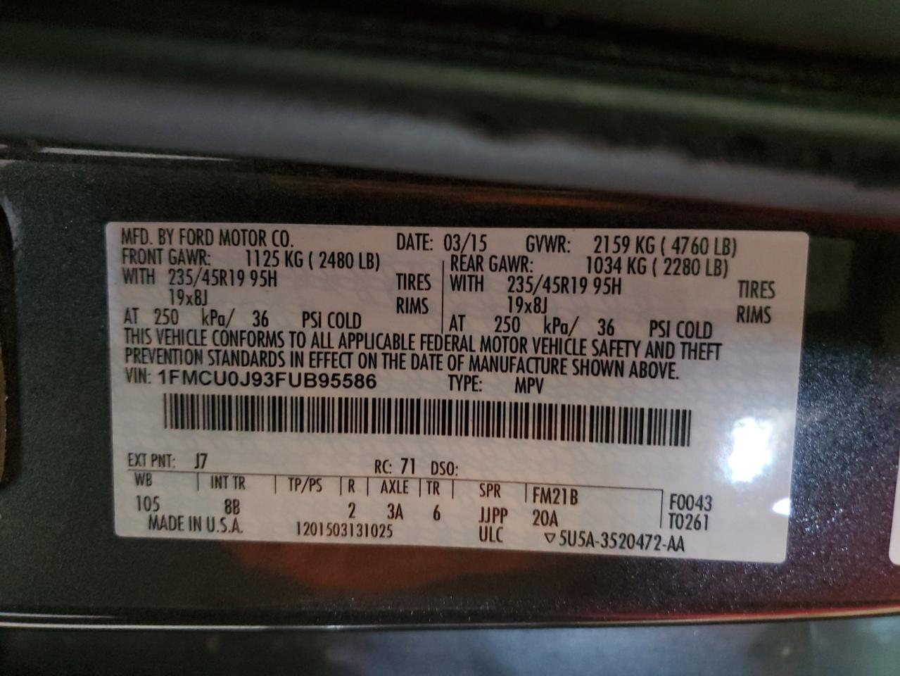 2015 FORD Escape VIN 1FMCU0J93FUB95586 photo 12