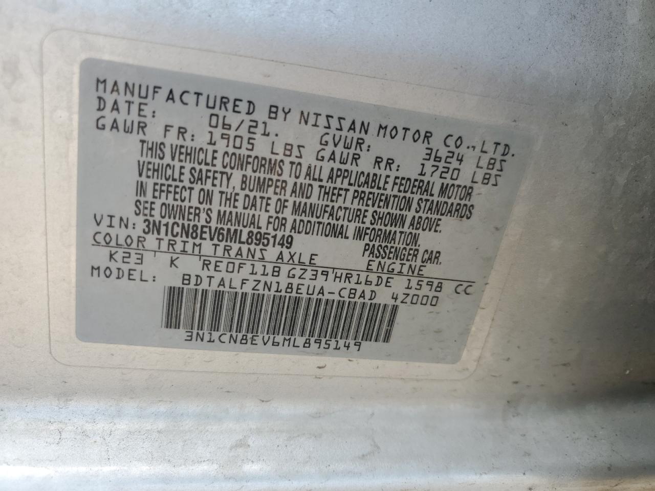 2021 Nissan Versa VIN 3N1CN8EV6ML895149 photo 12