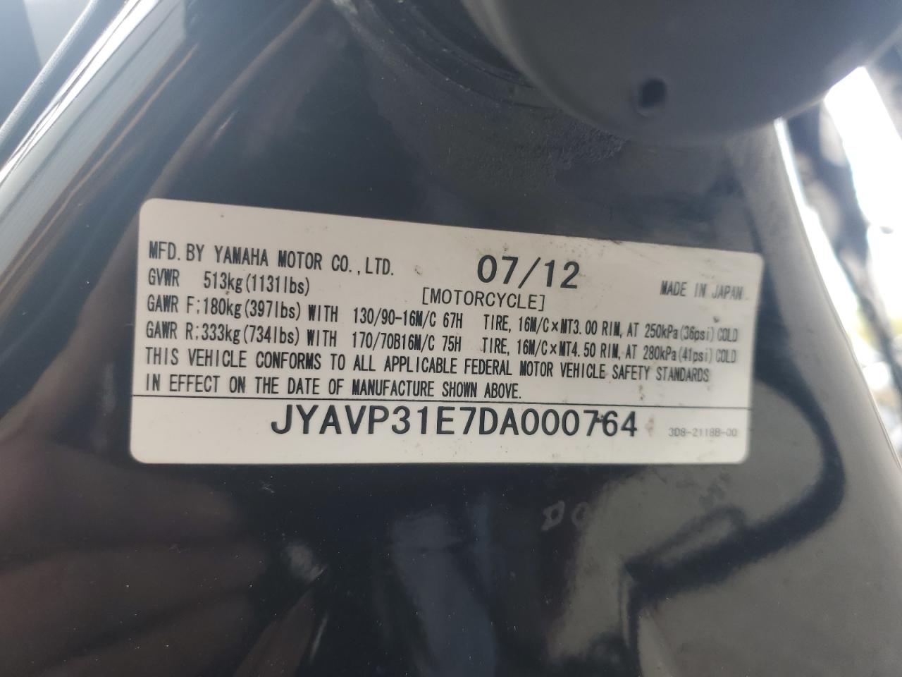 2013 YAMAHA XVS1300 A VIN JYAVP31E7DA000764 photo 9
