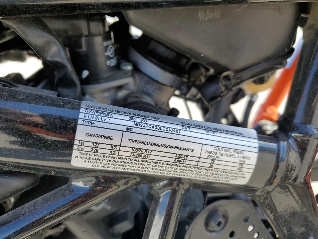 2020 KTM 200 VIN MD2JPC403LC018467 photo 9