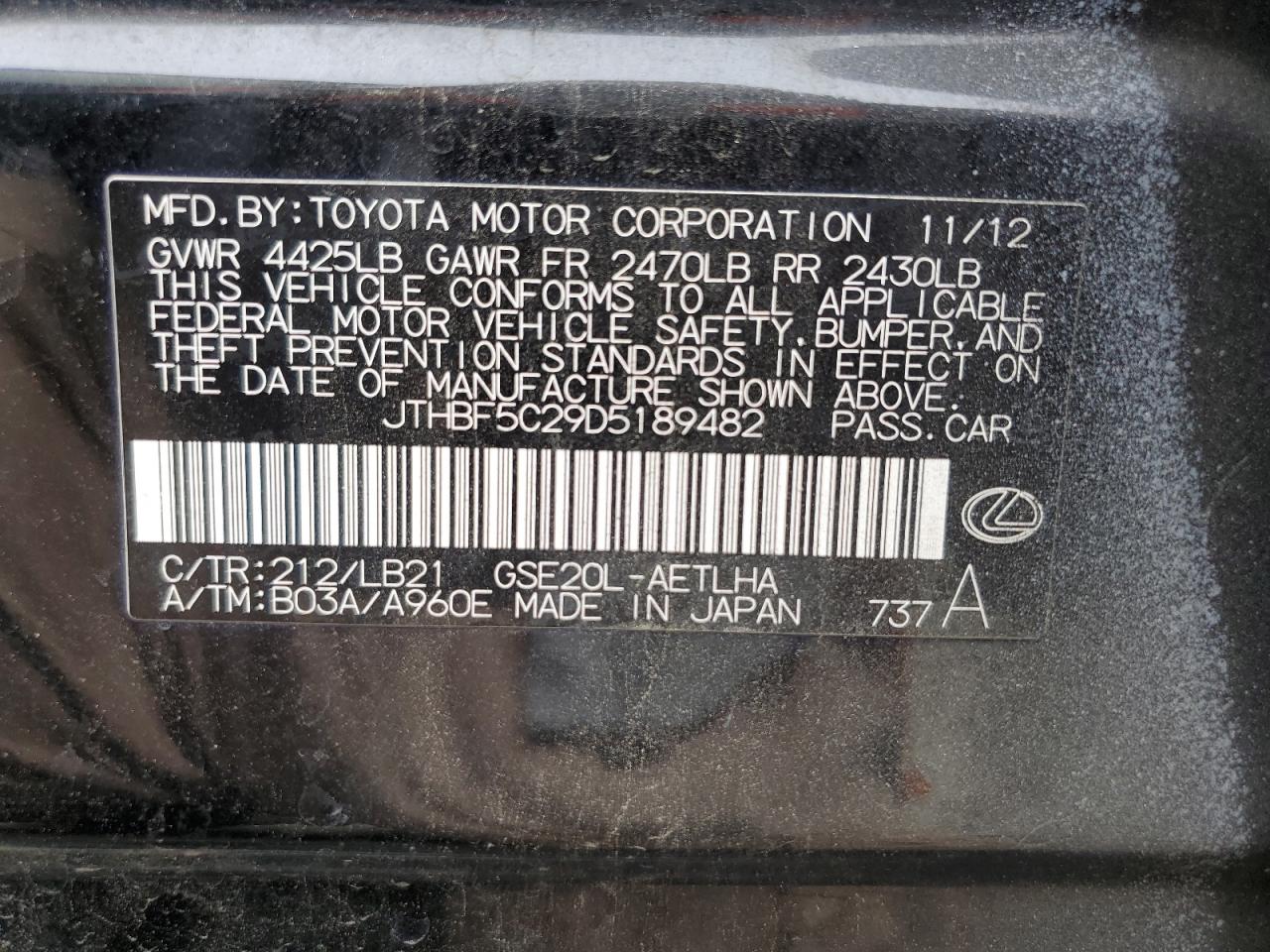 2013 Lexus Is VIN JTHBF5C29D5189482 photo 12