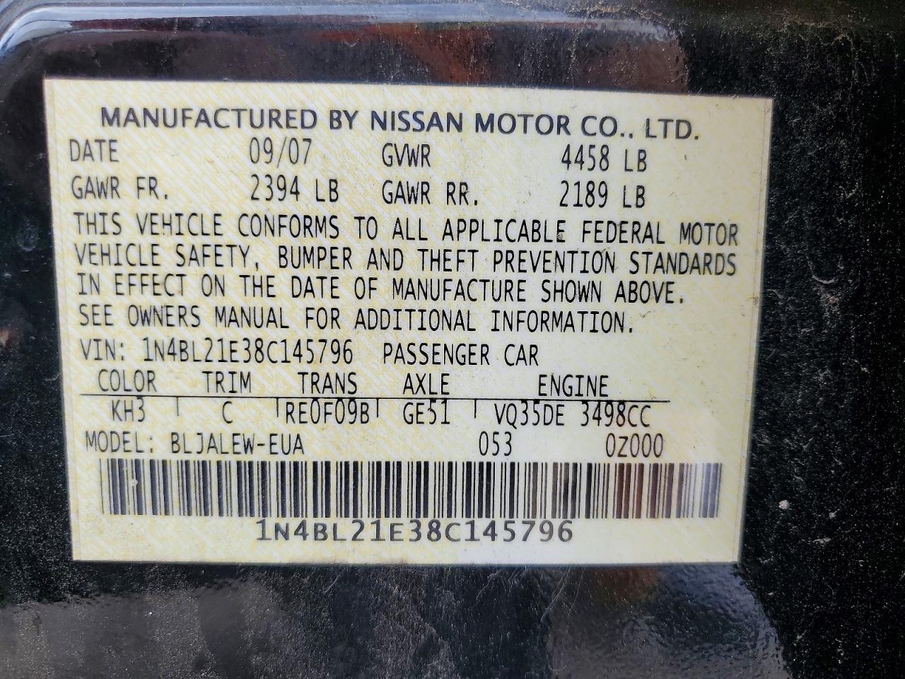 2008 NISSAN Altima VIN 1N4BL21E38C145796 photo 12
