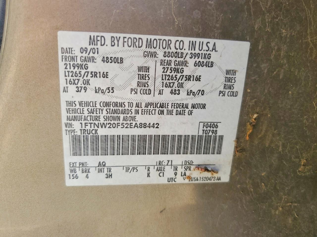 2002 Ford F250 VIN 1FTNW20F52EA88442 photo 12