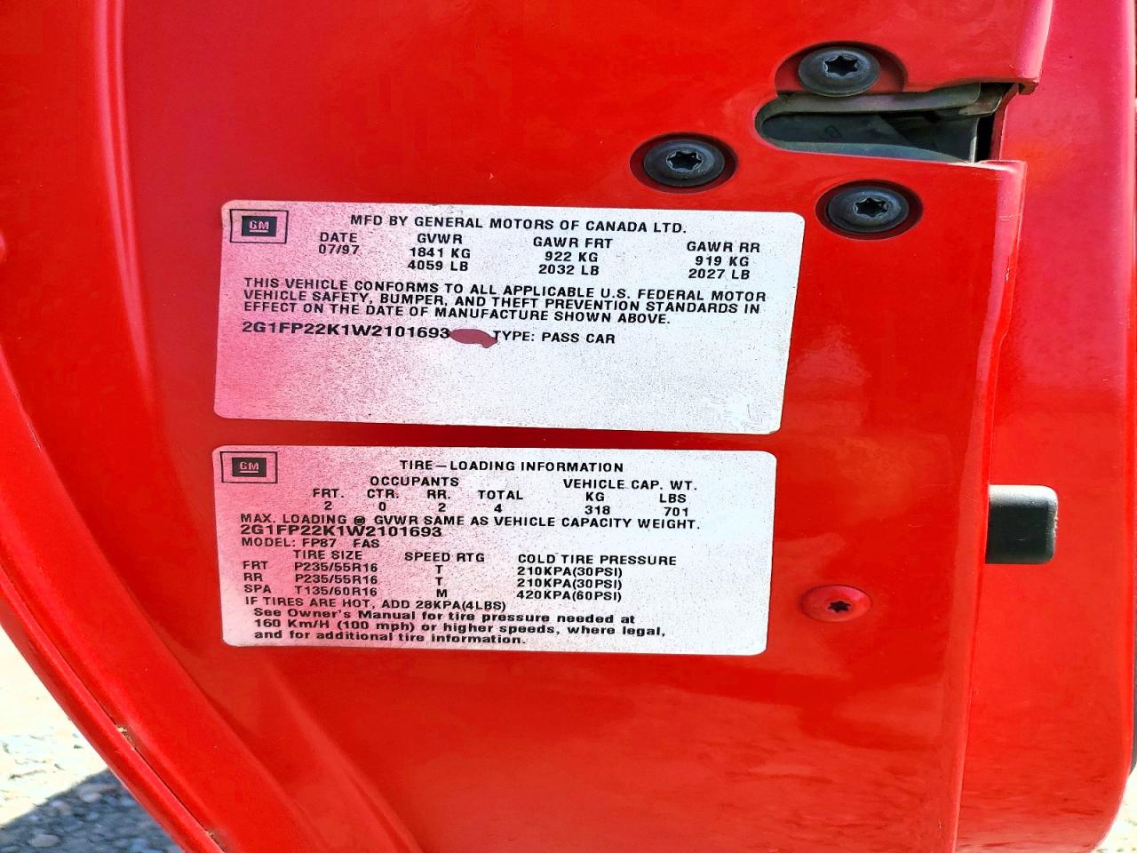 1998 CHEV Camaro VIN 2G1FP22K1W2101693 photo 12