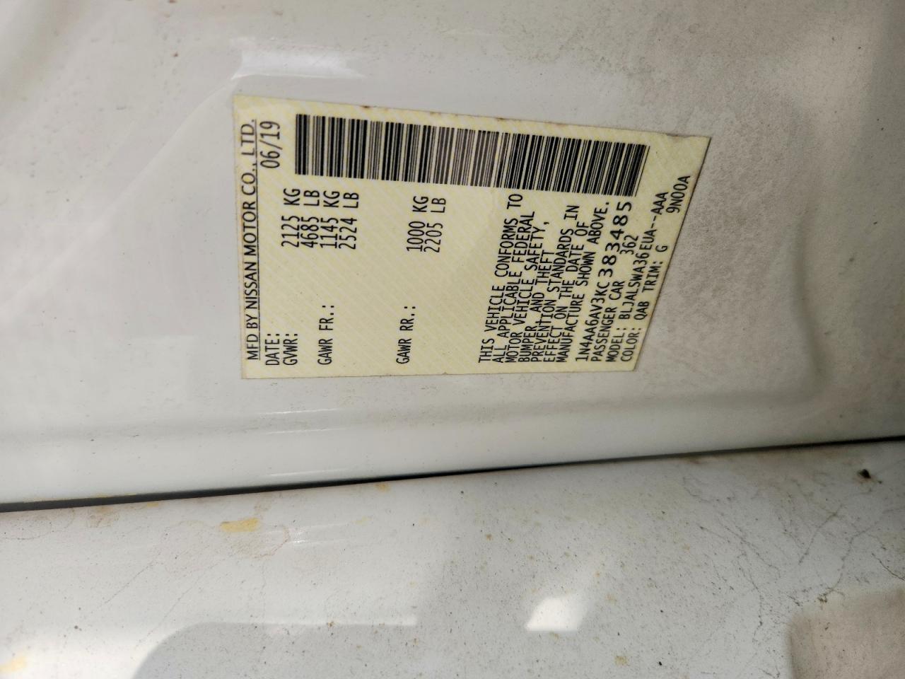 2019 Nissan Maxima VIN 1N4AA6AV3KC383485 photo 12