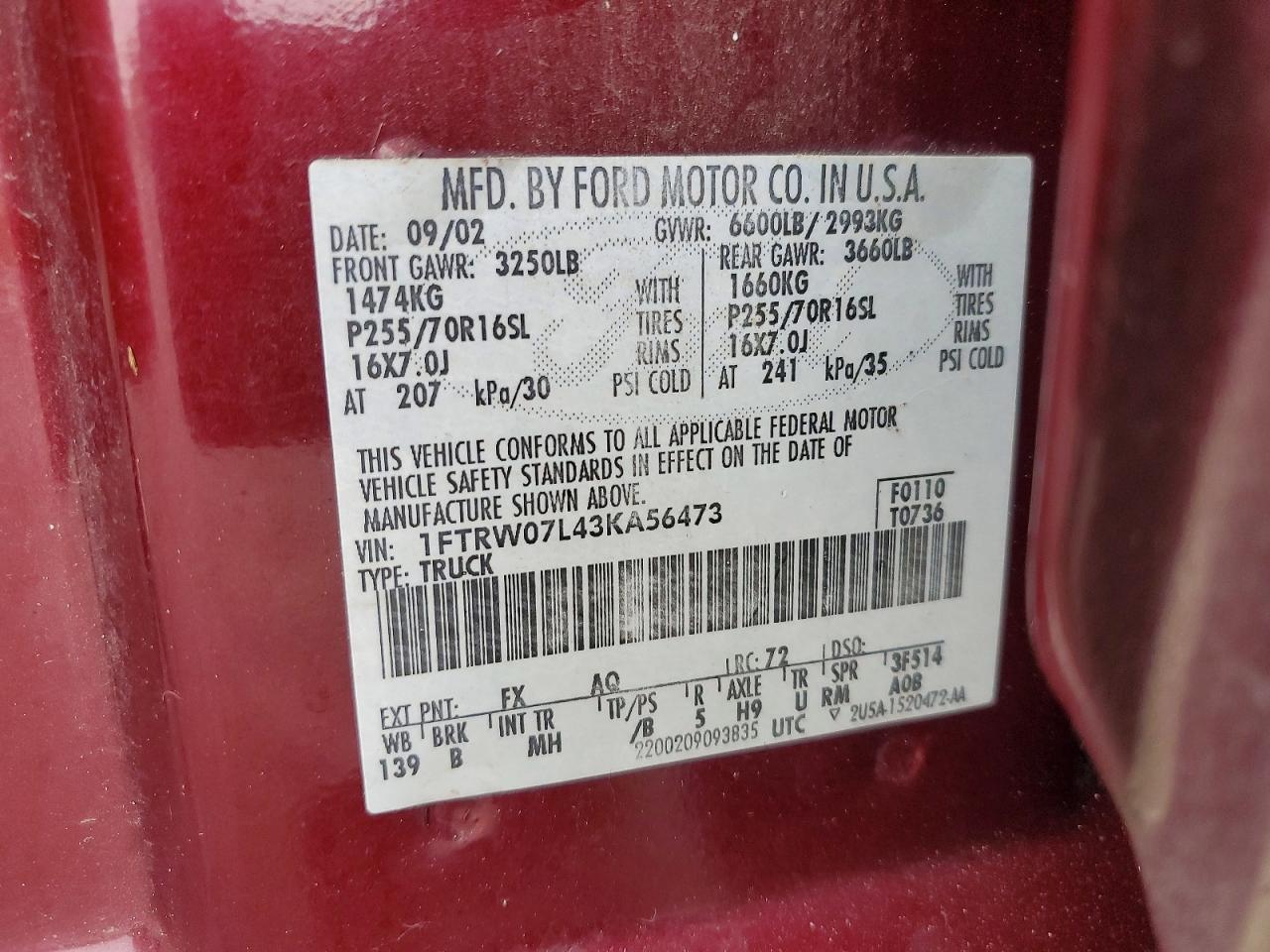 2003 Ford F150 VIN 1FTRW07L43KA56473 photo 12