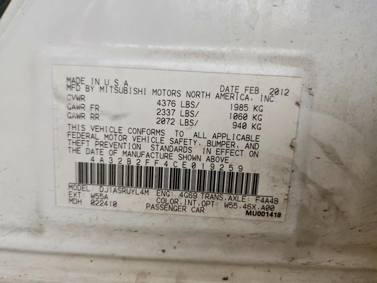 2012 MITSUBISHI Galant VIN 4A32B2FF4CE019259 photo 12