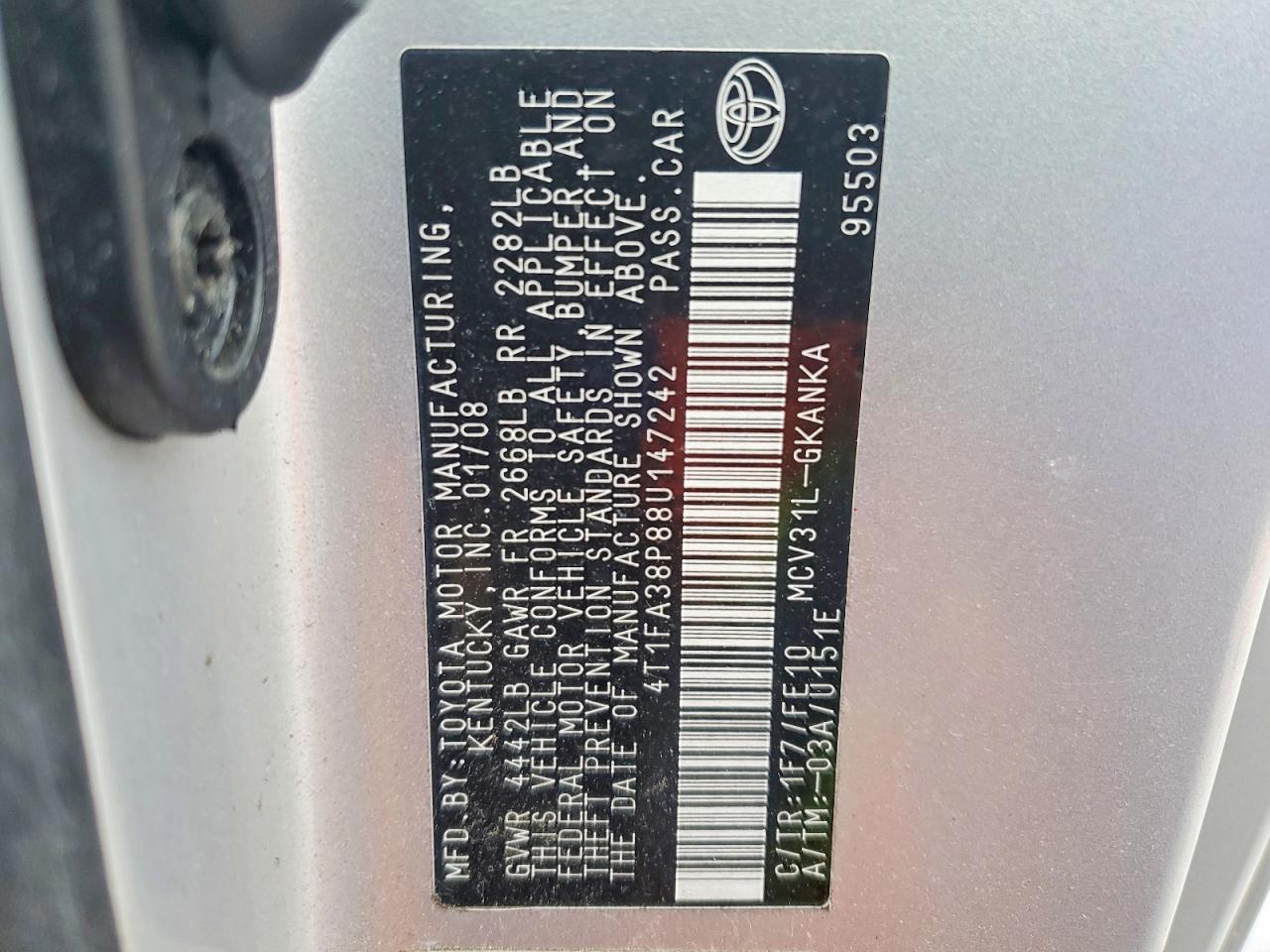 2008 Toyota Camry sola VIN 4T1FA38P88U147242 photo 12