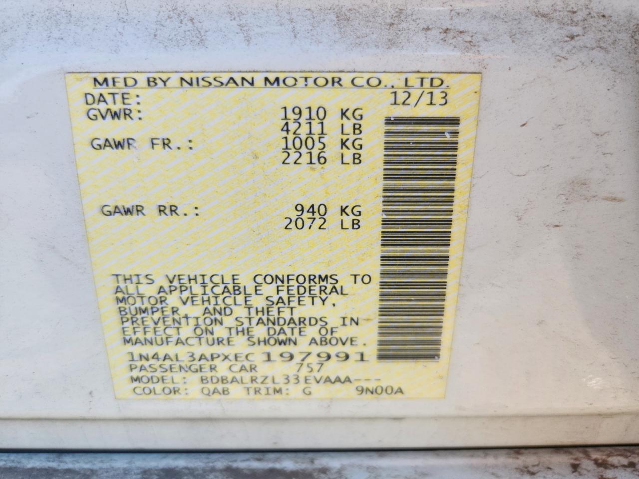 2014 NISS Altima VIN 1N4AL3APXEC197991 photo 12