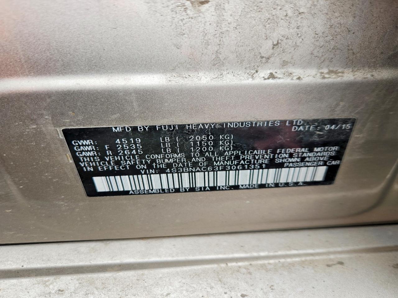 2015 SUBARU LEGACY VIN 4S3BNAC63F3061351 photo 12